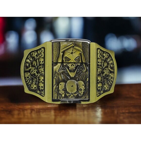 FairImpex Other - Skulls & Reaper Lighter Belt Buckle - Bronze Metal Lighter  - Free Engraving